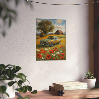 1973 BMW 30 CSL Wall Art Taiga Green Spring Poppy Field Countryside Barn Poster Classic German Sports Coupe Oil Painting Fine Art Print for Home Office Decor