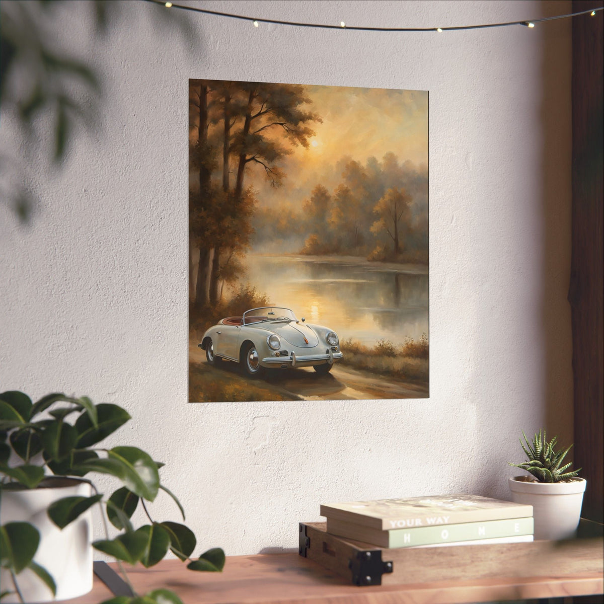 Vintage 1956 Porsche 356 Speedster Poster | Misty Lakeside Sunrise Wall Art | Impressionist European Classic Sports Car Fine Art Paper Print