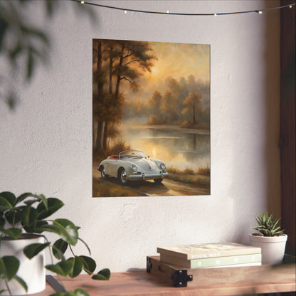 Vintage 1956 Porsche 356 Speedster Poster | Misty Lakeside Sunrise Wall Art | Impressionist European Classic Sports Car Fine Art Paper Print