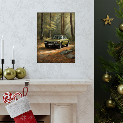 1973 BMW 30 CSL Wall Art Taiga Metallic Green Autumn Forest Sunlight Poster Classic German Sports Coupe Oil Painting Fine Art Print for Home Office Decor