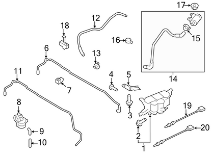 Black and white exploded parts diagram showing various components of a vehicle fuel system with numbered callouts from 1 to 20.