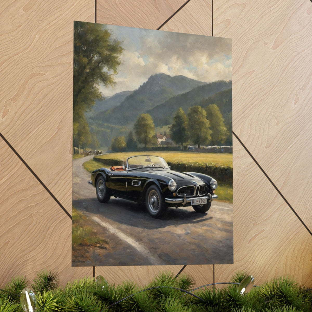 Vintage 1957 BMW 507 Roadster Poster | Countryside Mountain Road Wall Art | Impressionist European Classic Sports Car Fine Art Paper Print