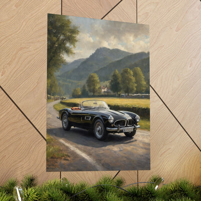 Vintage 1957 BMW 507 Roadster Poster | Countryside Mountain Road Wall Art | Impressionist European Classic Sports Car Fine Art Paper Print
