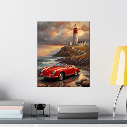 Vintage 1956 Porsche 356 Speedster Poster | Coastal Lighthouse Sunset Wall Art | Impressionist European Classic Sports Car Fine Art Paper Print