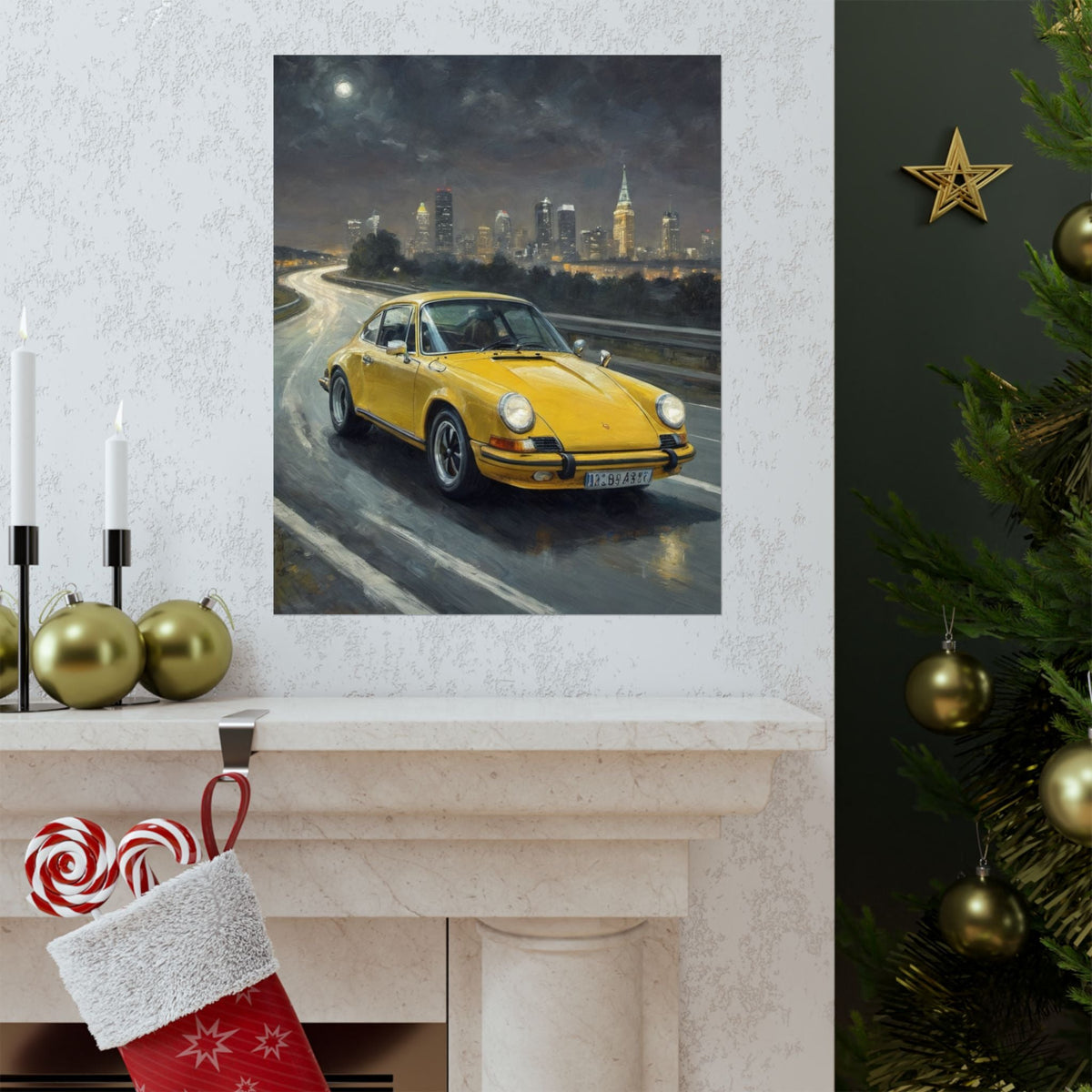 1973 Porsche 911 Wall Art Signal Yellow Night Highway City Skyline Full Moon Poster Classic German Sports Car Oil Painting Fine Art Print for Home Office Decor