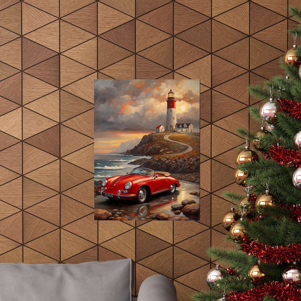 Vintage 1956 Porsche 356 Speedster Poster | Coastal Lighthouse Sunset Wall Art | Impressionist European Classic Sports Car Fine Art Paper Print