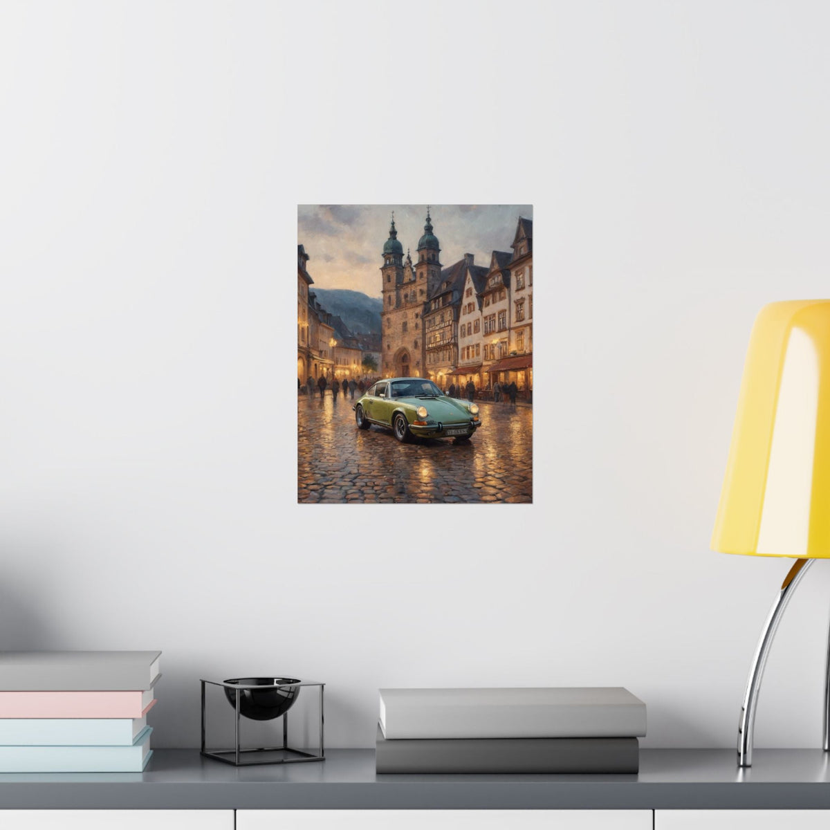 1973 Porsche 911 Wall Art Lime Yellow Green Old German Town Cobblestone Dusk Poster Classic German Sports Car Oil Painting Fine Art Print for Home Office Decor