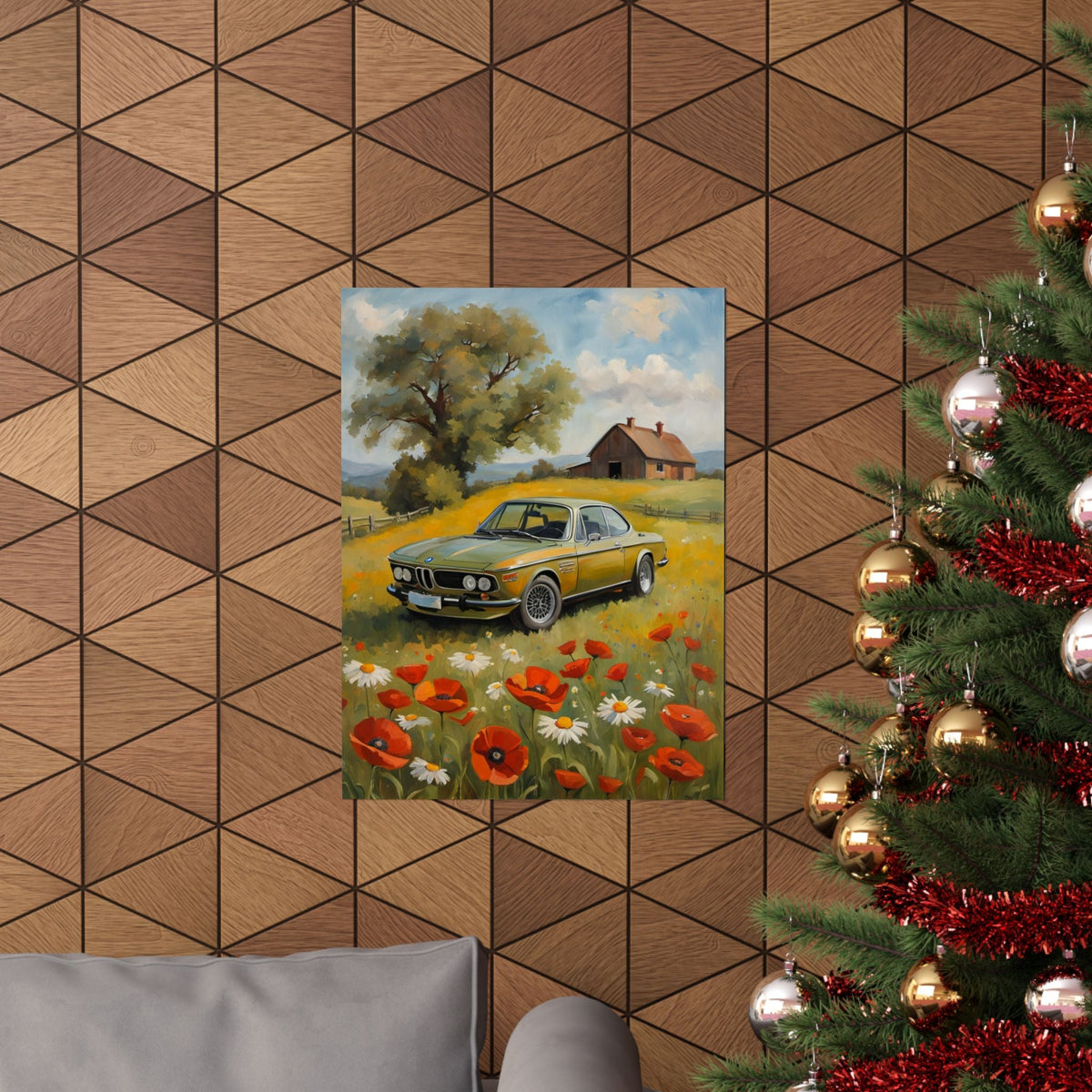 1973 BMW 30 CSL Wall Art Taiga Green Spring Poppy Field Countryside Barn Poster Classic German Sports Coupe Oil Painting Fine Art Print for Home Office Decor