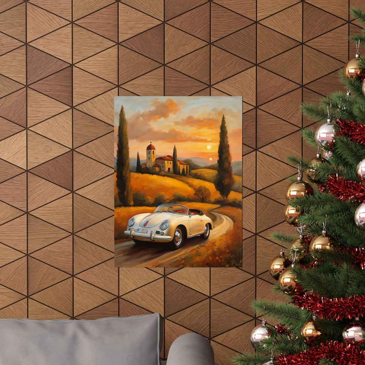Vintage 1956 Porsche 356 Speedster Poster | Tuscan Countryside Sunset Wall Art | Impressionist European Classic Sports Car Fine Art Paper Print