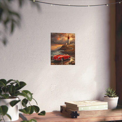 Vintage 1956 Porsche 356 Speedster Poster | Coastal Lighthouse Sunset Wall Art | Impressionist European Classic Sports Car Fine Art Paper Print