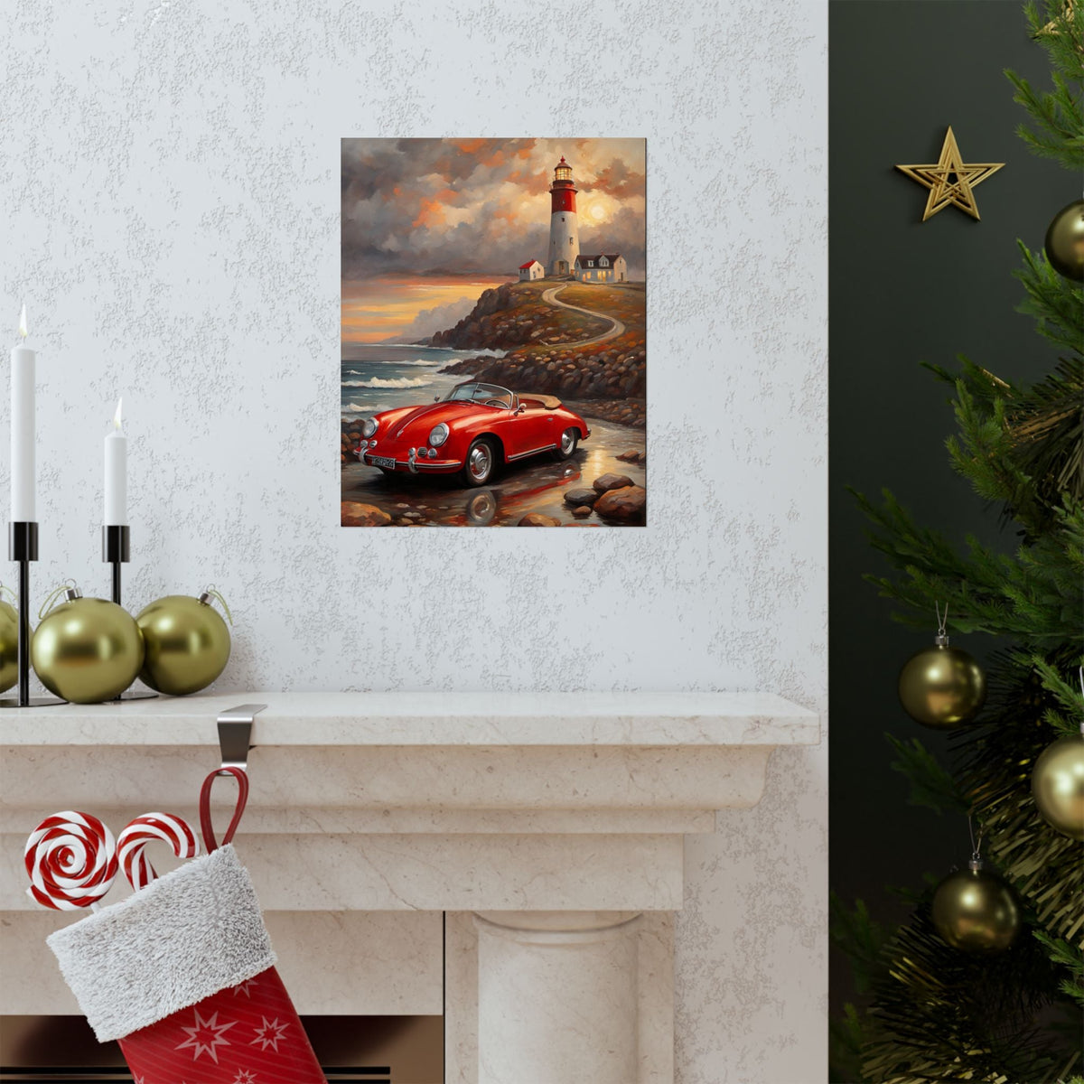 Vintage 1956 Porsche 356 Speedster Poster | Coastal Lighthouse Sunset Wall Art | Impressionist European Classic Sports Car Fine Art Paper Print