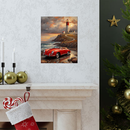 Vintage 1956 Porsche 356 Speedster Poster | Coastal Lighthouse Sunset Wall Art | Impressionist European Classic Sports Car Fine Art Paper Print