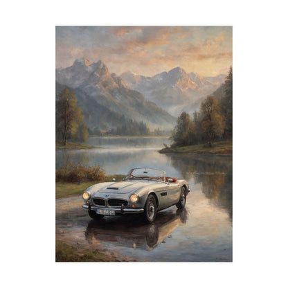 Vintage 1957 BMW 507 Roadster Poster | Alpine Lake Sunset Reflection Wall Art | Impressionist European Classic Sports Car Fine Art Paper Print