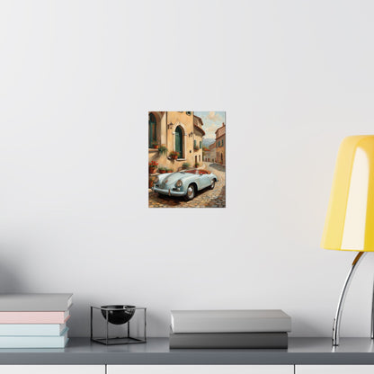 Vintage 1956 Porsche 356 Speedster Poster | Italian Village Street Wall Art | Impressionist European Classic Sports Car Fine Art Paper Print