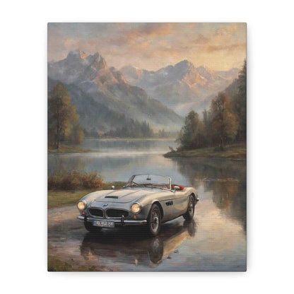 Vintage 1957 BMW 507 Roadster Canvas Wall Art | Alpine Lake Sunset Reflection Canvas Print | Impressionist Classic European Sports Car Art for Living Room & Office