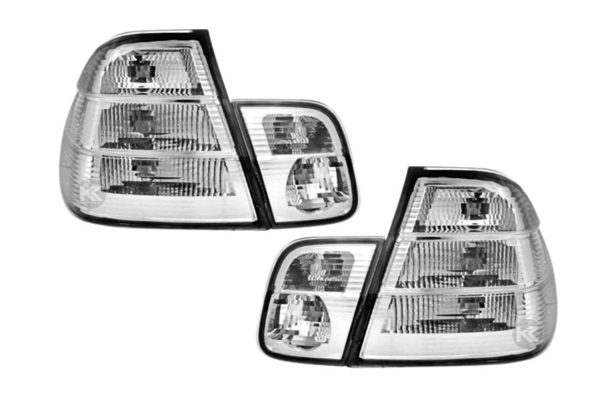 BMW 3-Series E46 sedan clear tail lights by K2 Industries, showing the sleek, transparent lens design for 1998-2006 models.