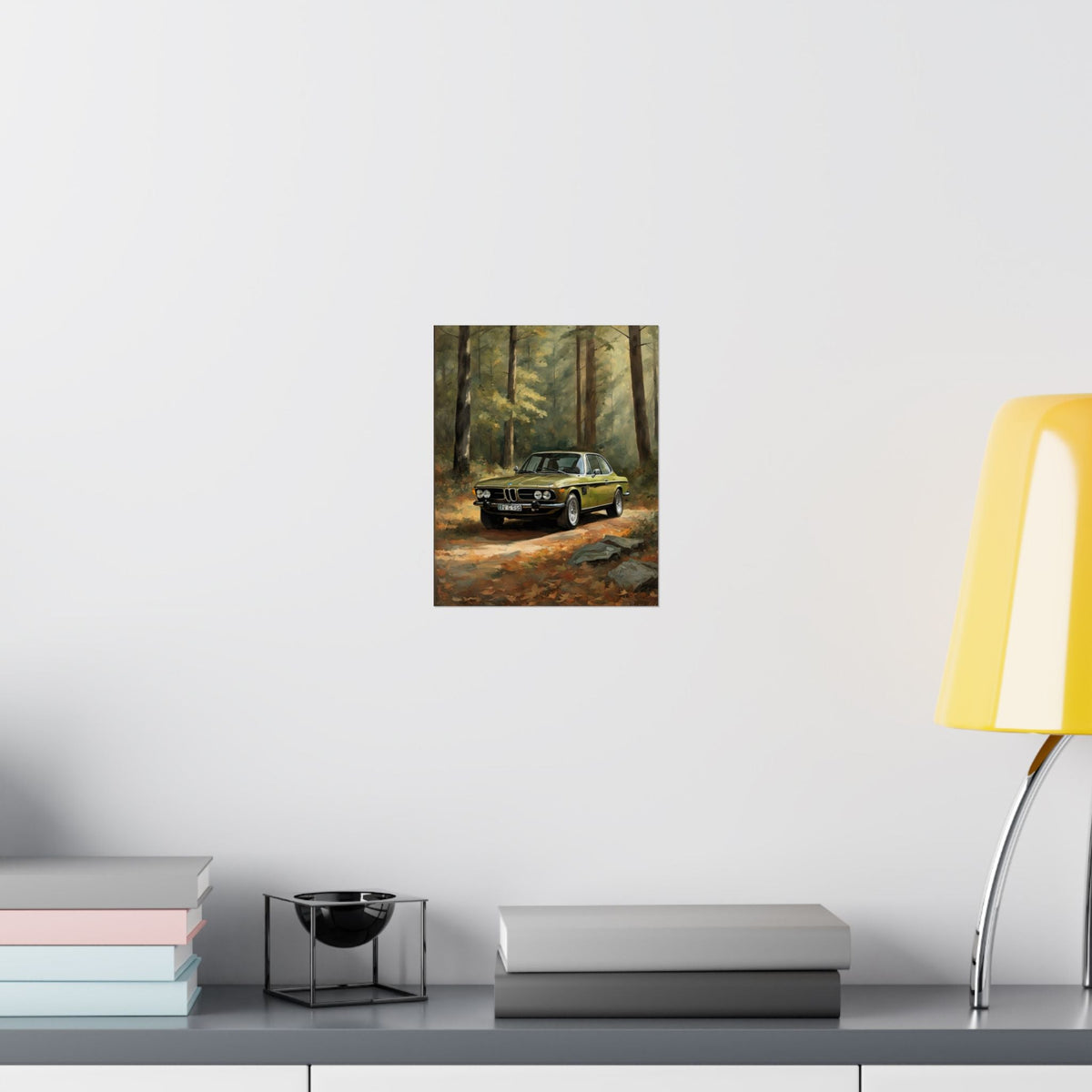 1973 BMW 30 CSL Wall Art Taiga Metallic Green Autumn Forest Sunlight Poster Classic German Sports Coupe Oil Painting Fine Art Print for Home Office Decor