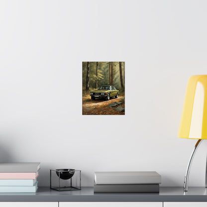 1973 BMW 30 CSL Wall Art Taiga Metallic Green Autumn Forest Sunlight Poster Classic German Sports Coupe Oil Painting Fine Art Print for Home Office Decor