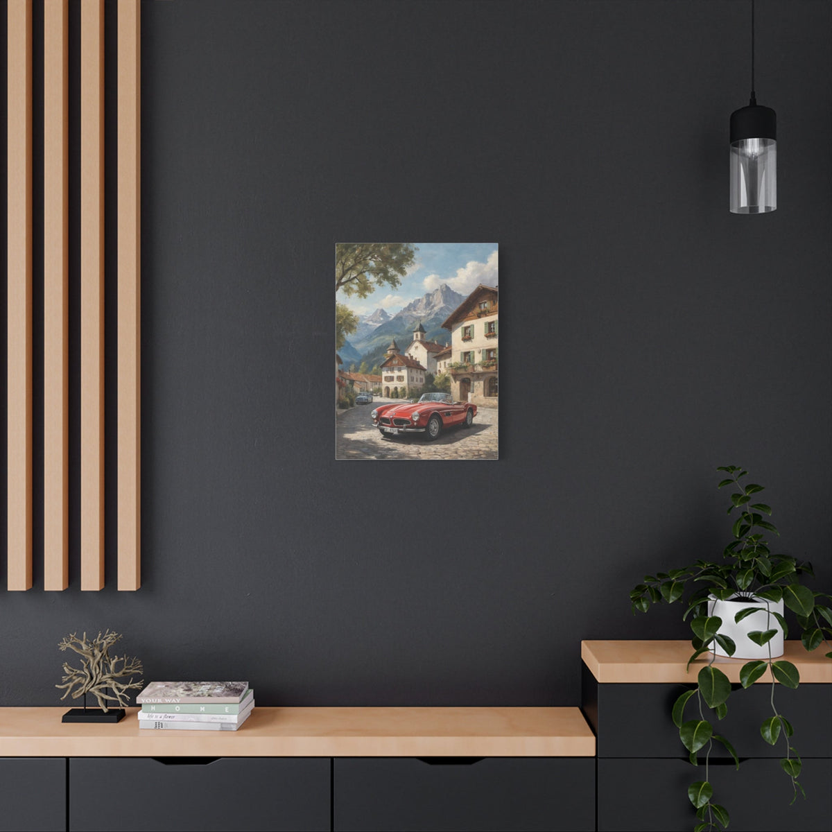 Vintage 1957 BMW 507 Roadster Canvas Wall Art | Bavarian Alpine Village Canvas Print | Impressionist Classic European Sports Car Art for Living Room & Office