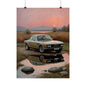 1973 BMW 30 CSL Wall Art Polaris Silver Gold Lake Sunset Water Reflection Poster Classic German Sports Coupe Oil Painting Fine Art Print for Home Office Decor
