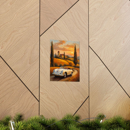 Vintage 1956 Porsche 356 Speedster Poster | Tuscan Countryside Sunset Wall Art | Impressionist European Classic Sports Car Fine Art Paper Print