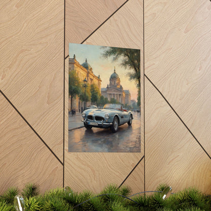 Vintage 1957 BMW 507 Roadster Poster | European City Boulevard Sunset Wall Art | Impressionist European Classic Sports Car Fine Art Paper Print