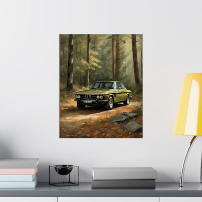 1973 BMW 30 CSL Wall Art Taiga Metallic Green Autumn Forest Sunlight Poster Classic German Sports Coupe Oil Painting Fine Art Print for Home Office Decor