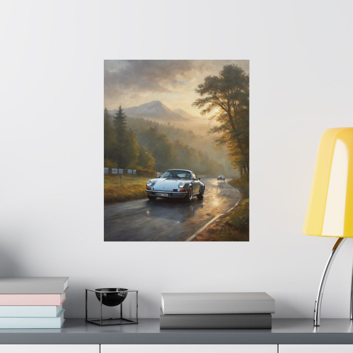 1973 Porsche 911 Wall Art Silver Metallic Nürburgring Nordschleife Misty Forest Racetrack Sunrise Poster Classic German Sports Car Oil Painting Fine Art Print for Home Office Decor