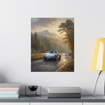 1973 Porsche 911 Wall Art Silver Metallic Nürburgring Nordschleife Misty Forest Racetrack Sunrise Poster Classic German Sports Car Oil Painting Fine Art Print for Home Office Decor