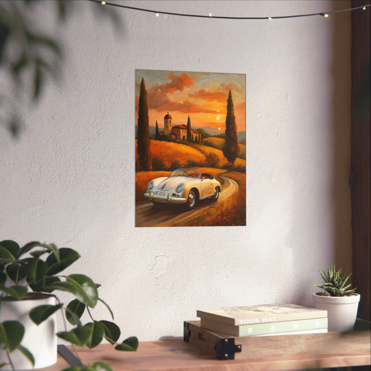 Vintage 1956 Porsche 356 Speedster Poster | Tuscan Countryside Sunset Wall Art | Impressionist European Classic Sports Car Fine Art Paper Print