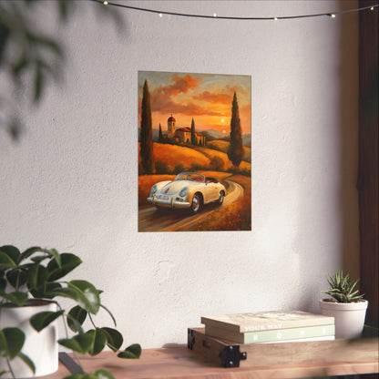 Vintage 1956 Porsche 356 Speedster Poster | Tuscan Countryside Sunset Wall Art | Impressionist European Classic Sports Car Fine Art Paper Print