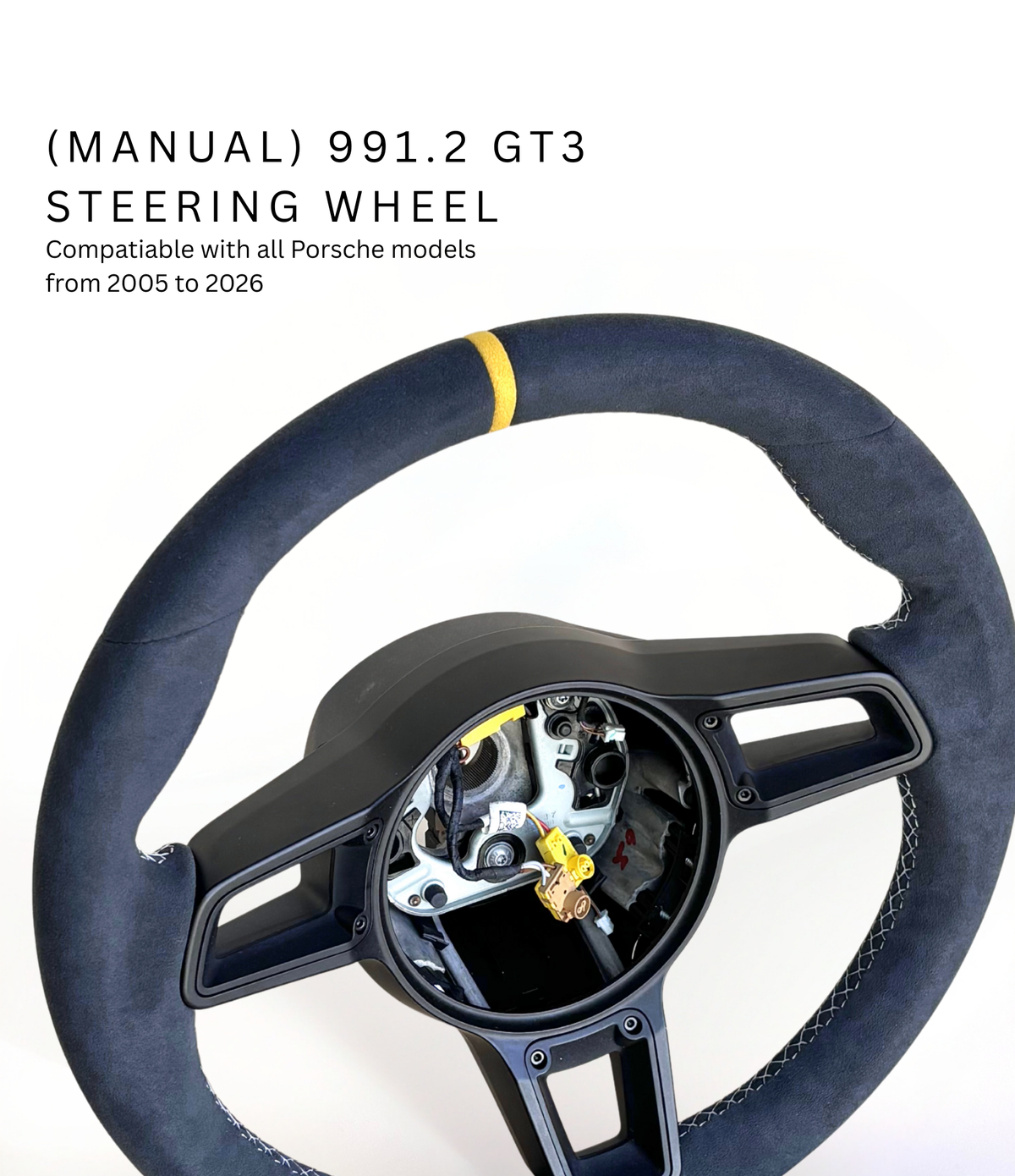 Yellow manual Porsche 991.2 steering wheel by Boston Motortech, featuring black accents and textured grip details.