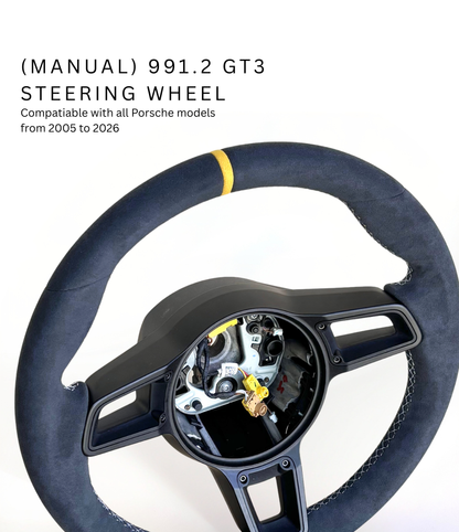 Yellow manual Porsche 991.2 steering wheel by Boston Motortech, featuring black accents and textured grip details.