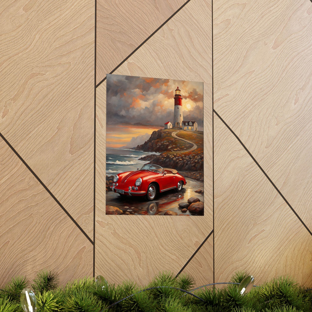 Vintage 1956 Porsche 356 Speedster Poster | Coastal Lighthouse Sunset Wall Art | Impressionist European Classic Sports Car Fine Art Paper Print