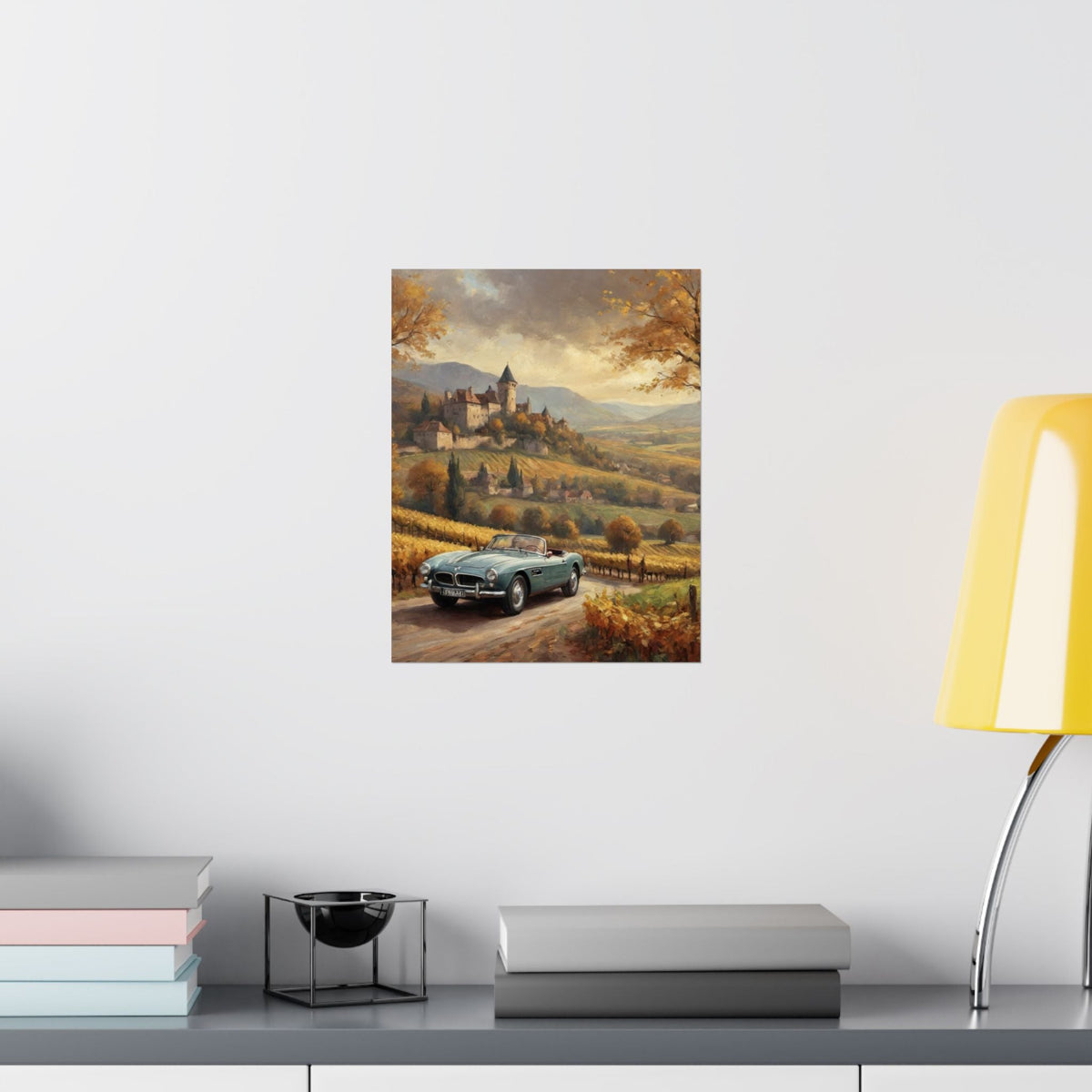 Vintage 1957 BMW 507 Roadster Poster | Autumn Vineyard Castle Valley Wall Art | Impressionist European Classic Sports Car Fine Art Paper Print