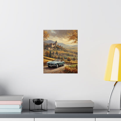 Vintage 1957 BMW 507 Roadster Poster | Autumn Vineyard Castle Valley Wall Art | Impressionist European Classic Sports Car Fine Art Paper Print
