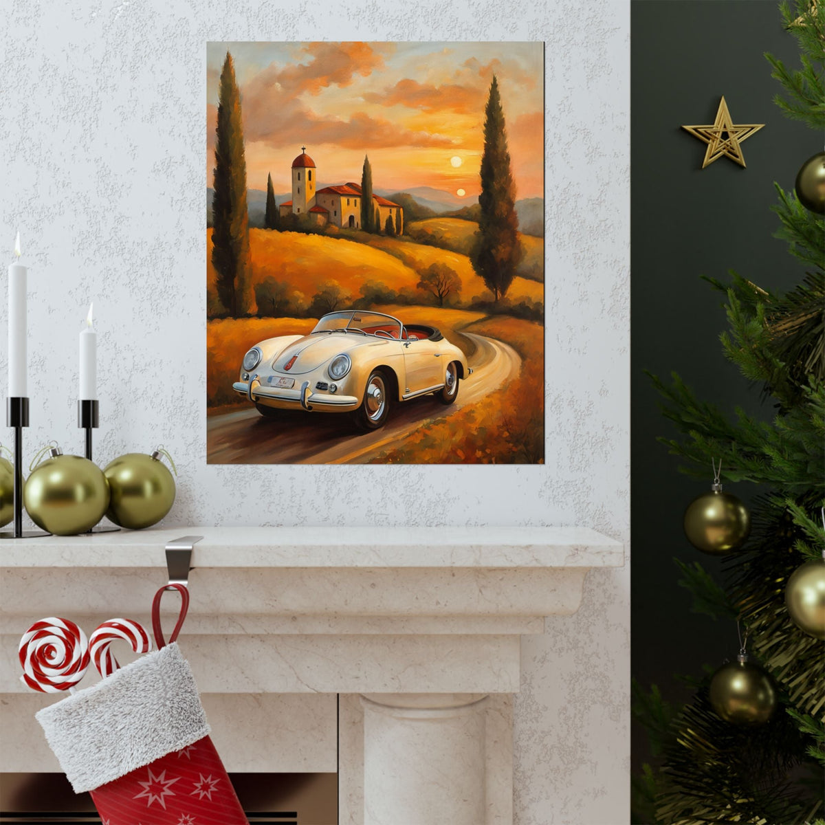 Vintage 1956 Porsche 356 Speedster Poster | Tuscan Countryside Sunset Wall Art | Impressionist European Classic Sports Car Fine Art Paper Print