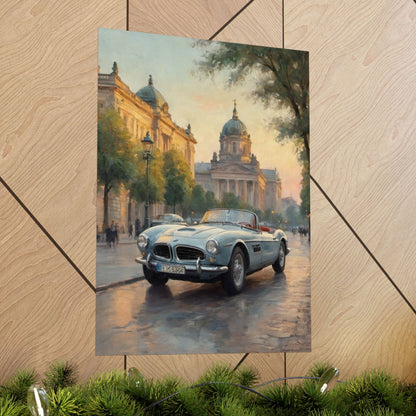 Vintage 1957 BMW 507 Roadster Poster | European City Boulevard Sunset Wall Art | Impressionist European Classic Sports Car Fine Art Paper Print