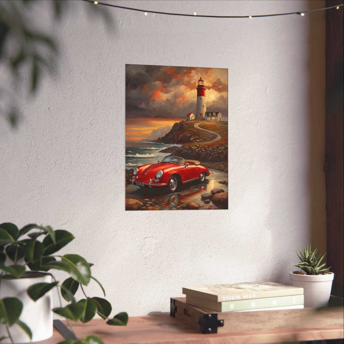 Vintage 1956 Porsche 356 Speedster Poster | Coastal Lighthouse Sunset Wall Art | Impressionist European Classic Sports Car Fine Art Paper Print