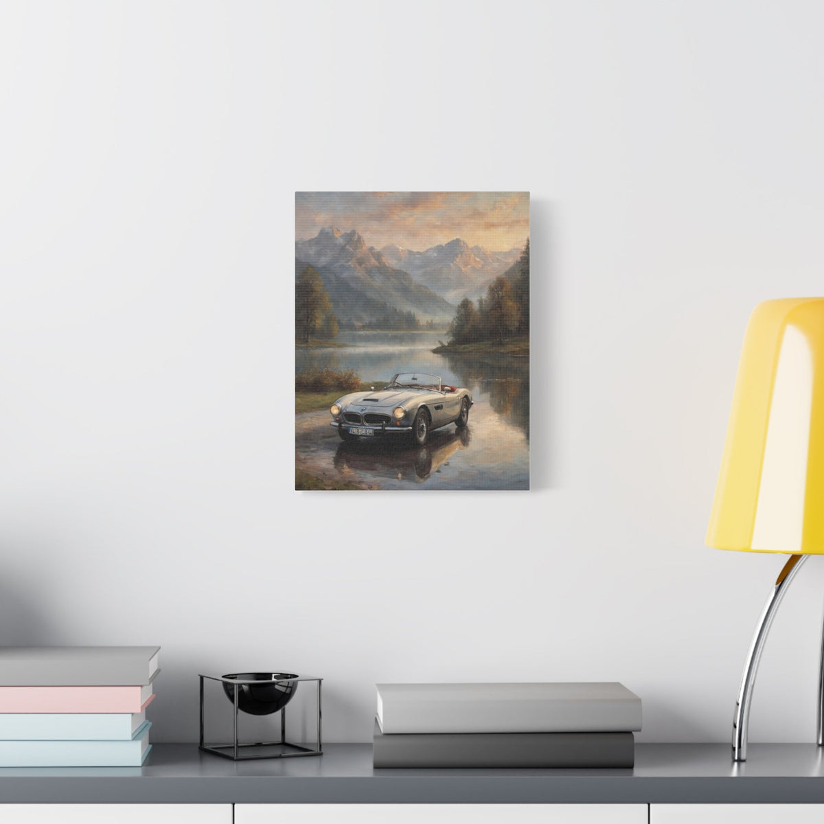 Vintage 1957 BMW 507 Roadster Canvas Wall Art | Alpine Lake Sunset Reflection Canvas Print | Impressionist Classic European Sports Car Art for Living Room & Office