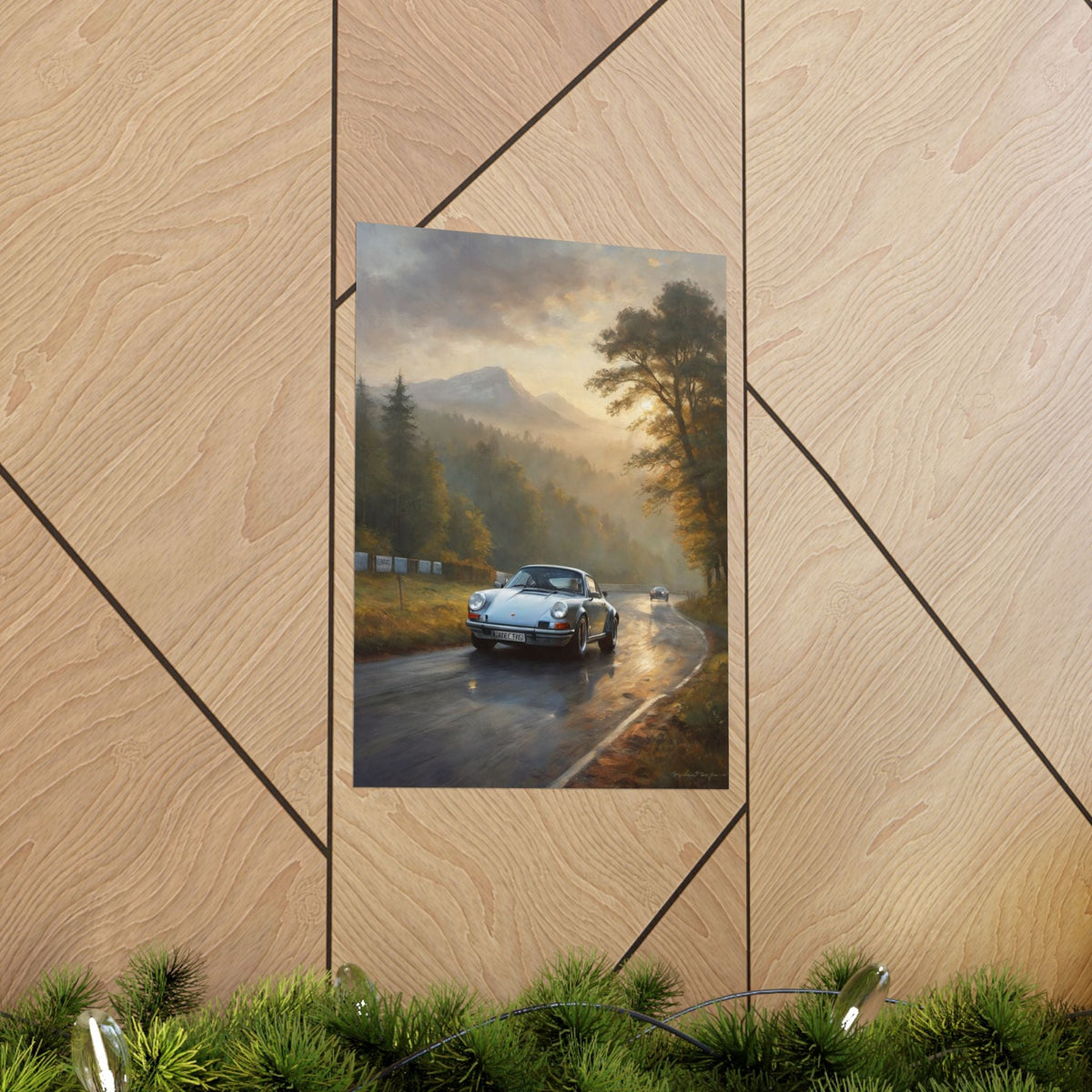 1973 Porsche 911 Wall Art Silver Metallic Nürburgring Nordschleife Misty Forest Racetrack Sunrise Poster Classic German Sports Car Oil Painting Fine Art Print for Home Office Decor