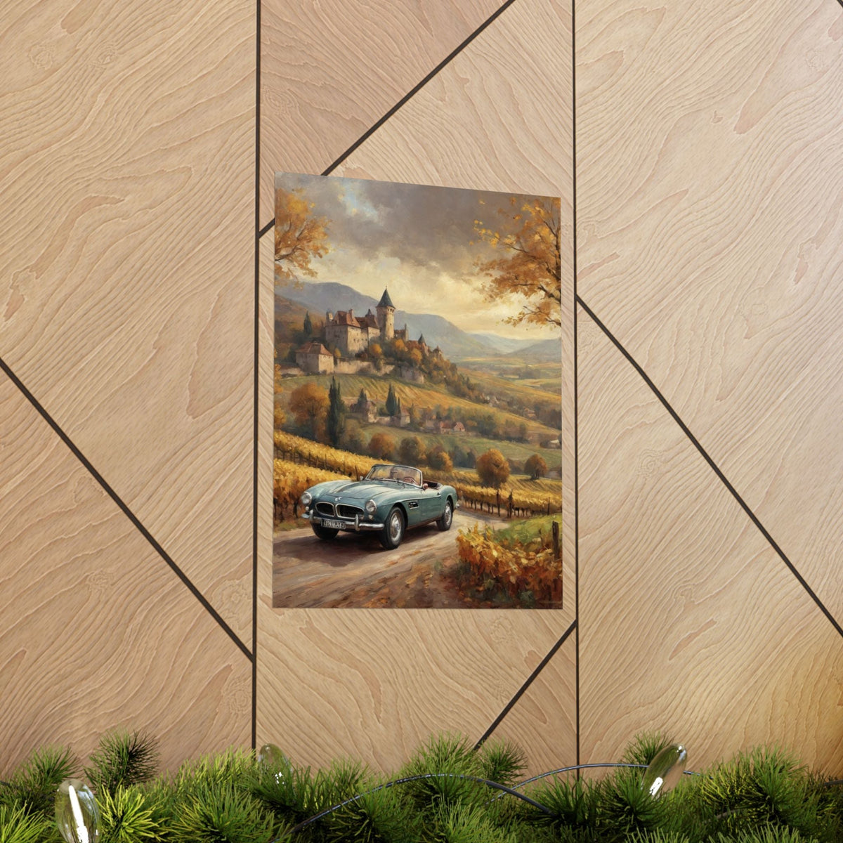 Vintage 1957 BMW 507 Roadster Poster | Autumn Vineyard Castle Valley Wall Art | Impressionist European Classic Sports Car Fine Art Paper Print