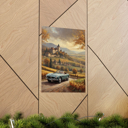 Vintage 1957 BMW 507 Roadster Poster | Autumn Vineyard Castle Valley Wall Art | Impressionist European Classic Sports Car Fine Art Paper Print