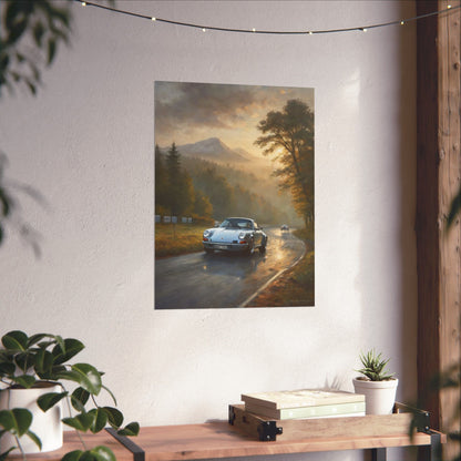1973 Porsche 911 Wall Art Silver Metallic Nürburgring Nordschleife Misty Forest Racetrack Sunrise Poster Classic German Sports Car Oil Painting Fine Art Print for Home Office Decor