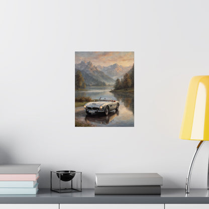 Vintage 1957 BMW 507 Roadster Poster | Alpine Lake Sunset Reflection Wall Art | Impressionist European Classic Sports Car Fine Art Paper Print
