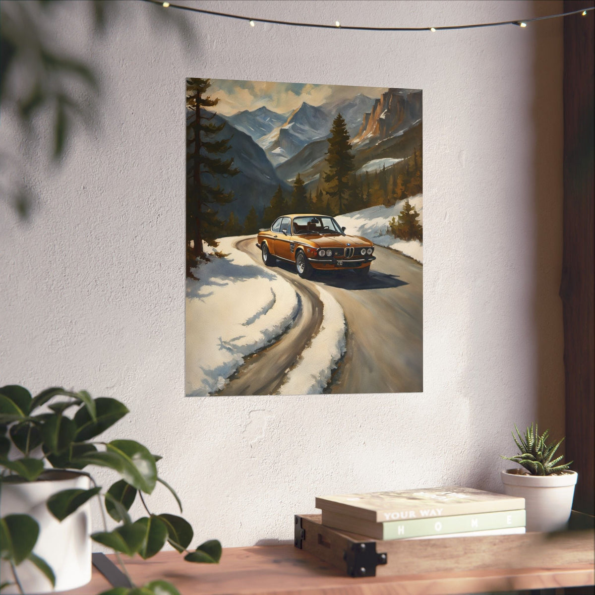 1973 BMW 30 CSL Wall Art Inka Orange Bronze Alpine Mountain Pass Snow Road Poster Classic German Sports Coupe Oil Painting Fine Art Print for Home Office Decor