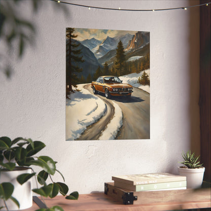 1973 BMW 30 CSL Wall Art Inka Orange Bronze Alpine Mountain Pass Snow Road Poster Classic German Sports Coupe Oil Painting Fine Art Print for Home Office Decor
