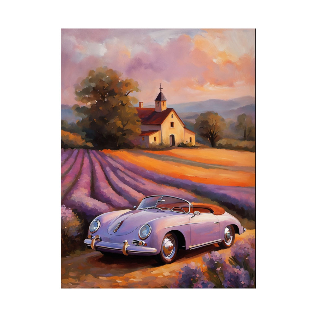 Vintage 1956 Porsche 356 Speedster Poster | Provence Lavender Field Sunset Wall Art | Impressionist European Classic Sports Car Fine Art Paper Print
