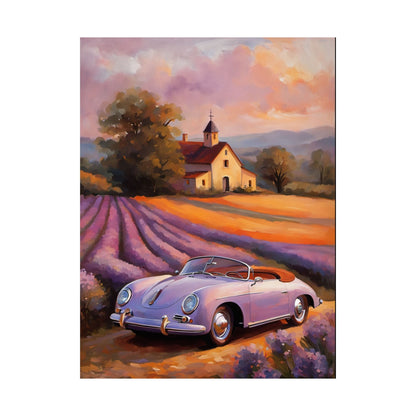 Vintage 1956 Porsche 356 Speedster Poster | Provence Lavender Field Sunset Wall Art | Impressionist European Classic Sports Car Fine Art Paper Print