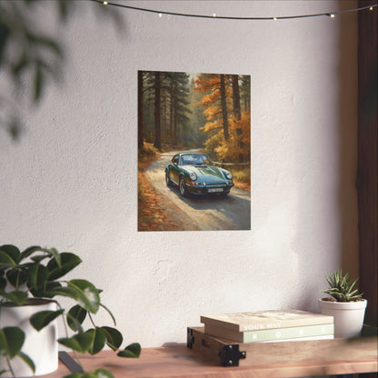 1973 Porsche 911 Wall Art Forest Green Autumn Pine Forest Dirt Road Poster Classic German Sports Car Oil Painting Fine Art Print for Home Office Decor